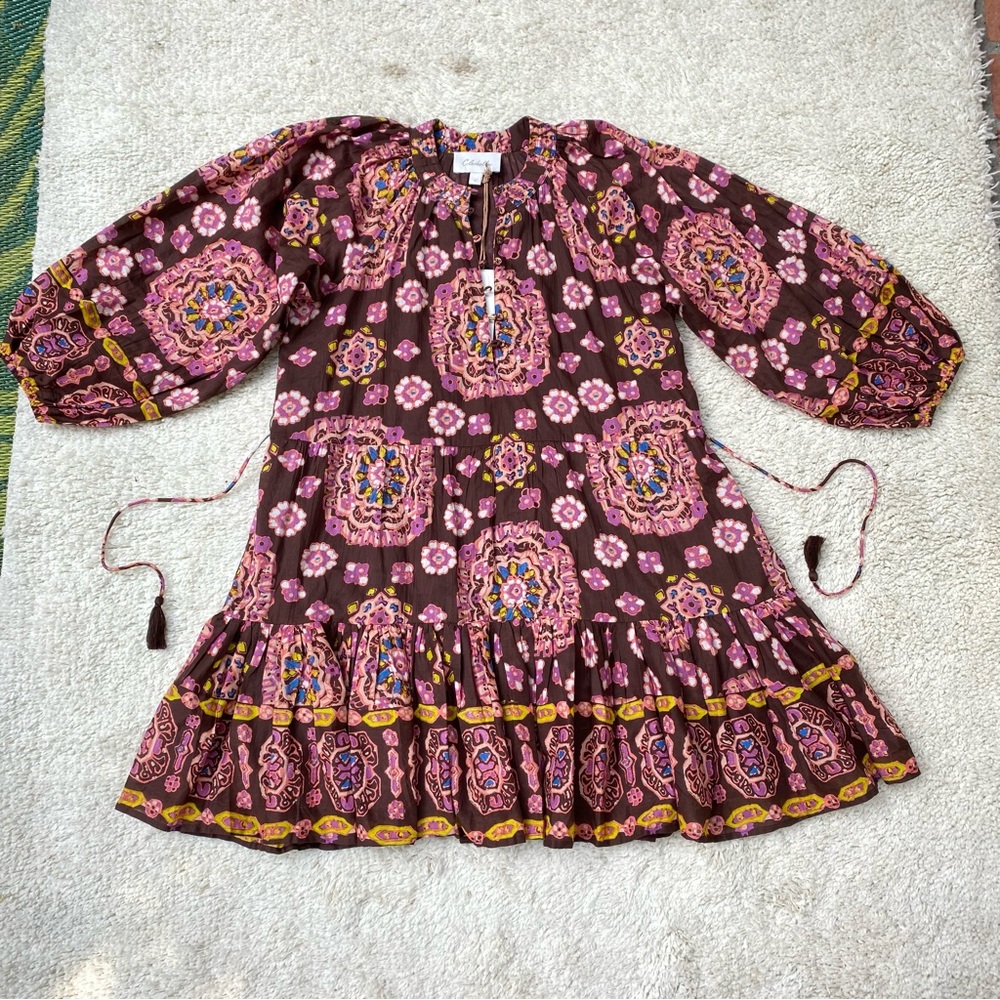 Cleobella Brown Printed Mini Dress with Pink & Yellow Accents